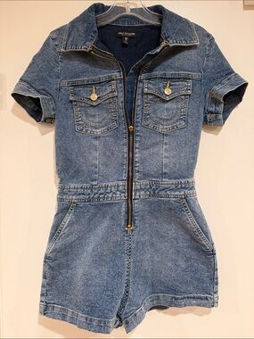 True Religion Denim Zip-Front Short Romper in Blue
